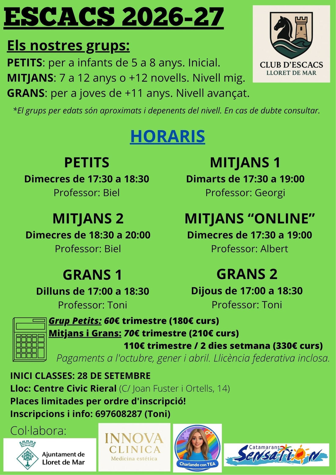 Abiertas las Inscripciones a las Clases de Ajedrez del Club Escacs Lloret 2026-27
